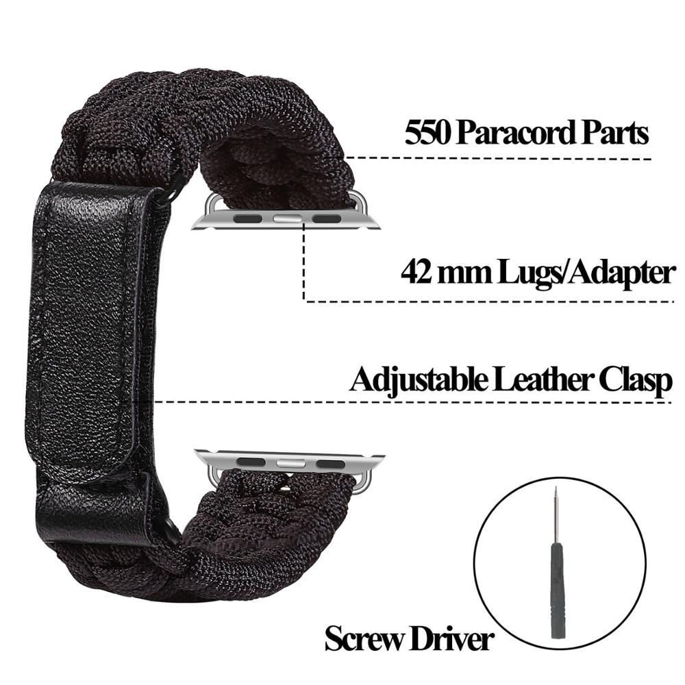 Strap For apple watch band 44mm 38mm 42mm Outdoors Leather clasp Survival Rope watchband bracelet iwatch series 6 SE 5 4 3 40mm